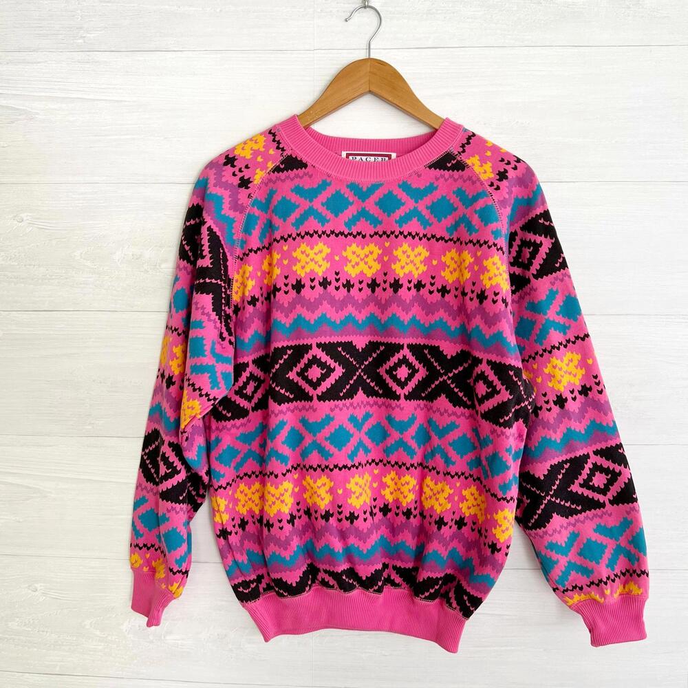 Vintage Pacer - Bright pink teal geometric crewneck sweatshirt, L